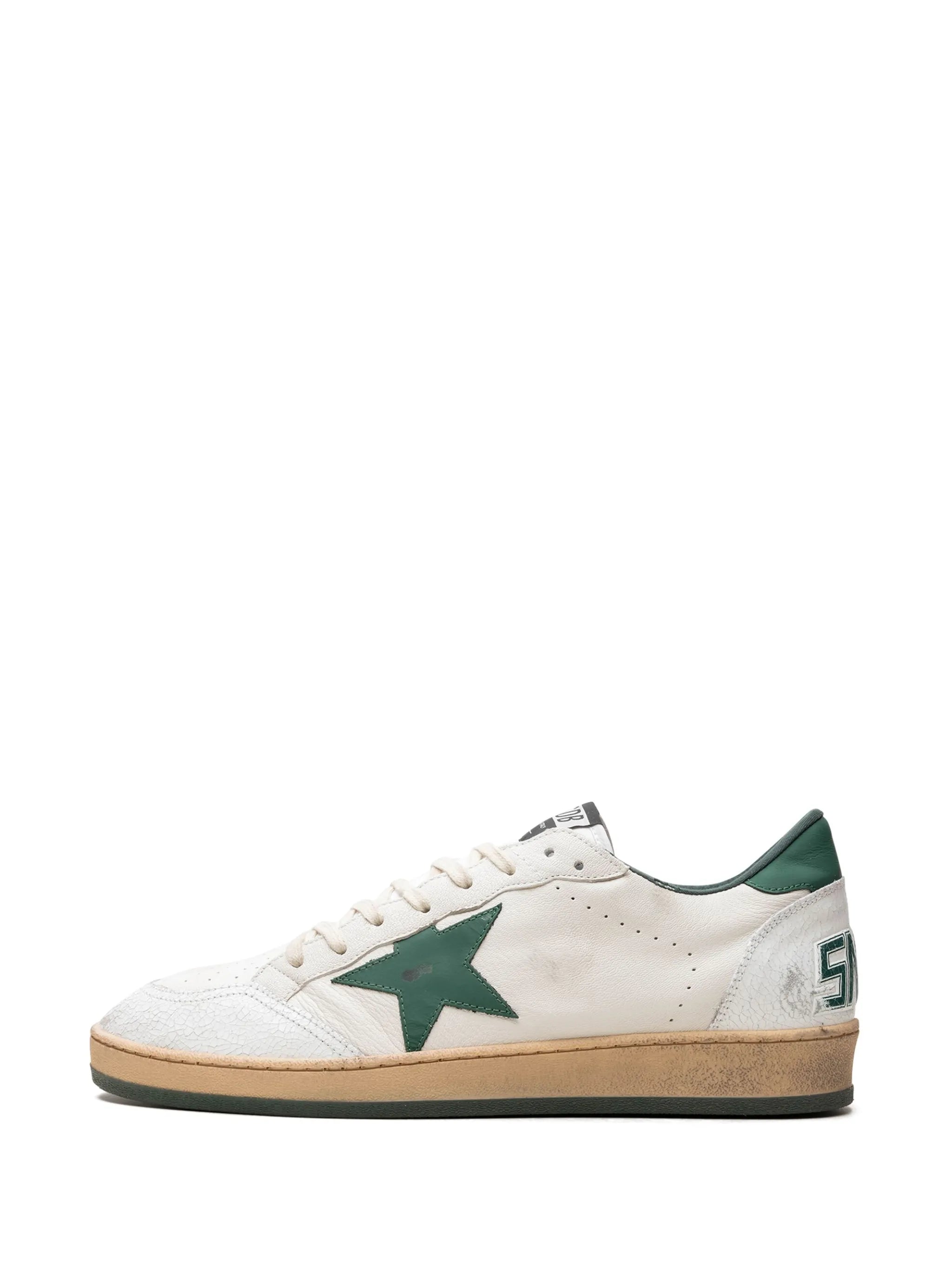 Golden Goose Ball Star Trainers in White Nappa Leather with Green Leather Star and heels tab