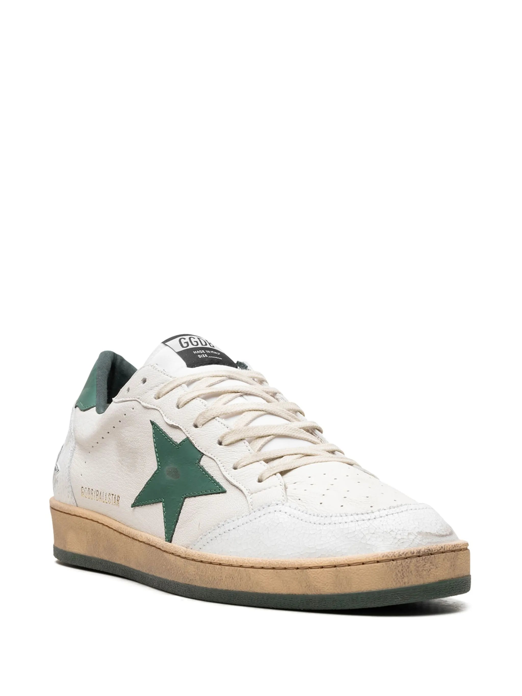 Golden Goose Ball Star Trainers in White Nappa Leather with Green Leather Star and heels tab