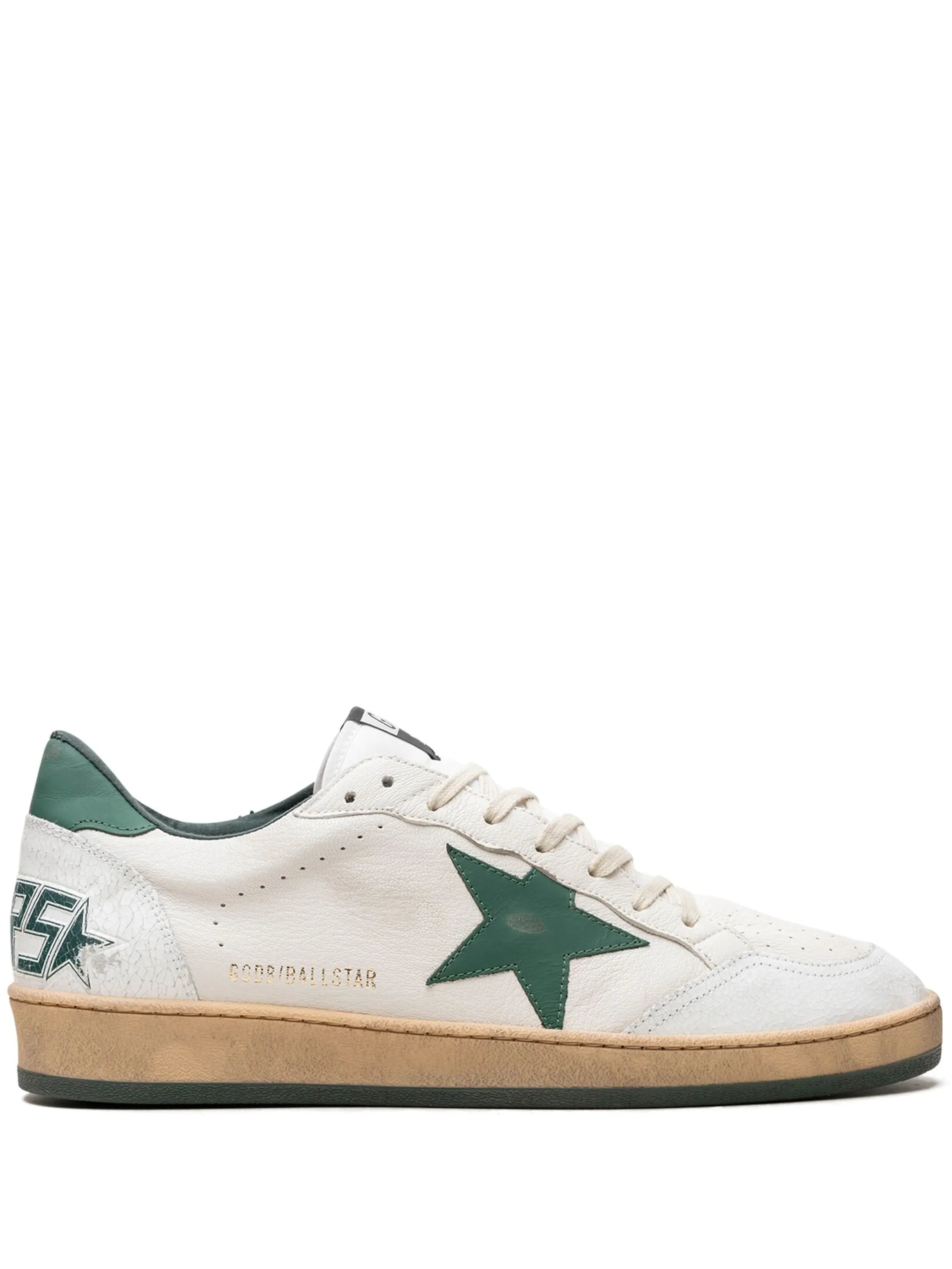 Golden Goose Ball Star Trainers in White Nappa Leather with Green Leather Star and heels tab