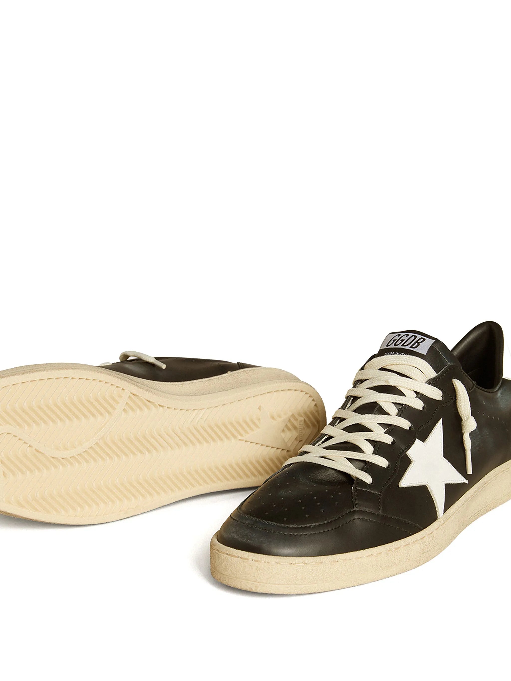 Golden Goose Ball Star Trainers in Black Nappa with White Leather Star and Heels tab