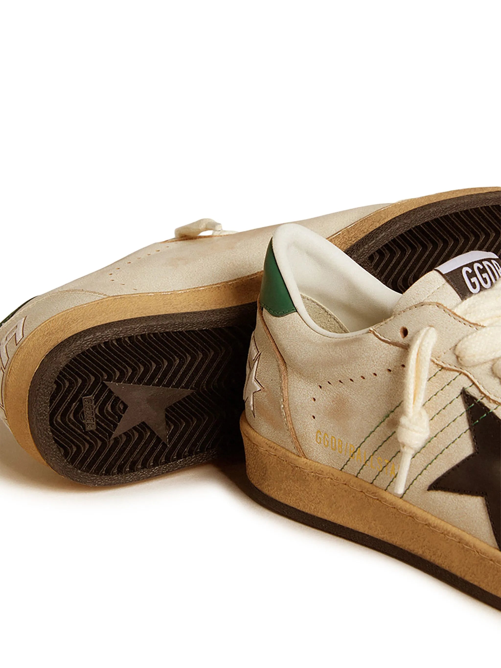 Golden Goose Ball Star Trainers with Black Leather Star and Green Leather Heels Tab