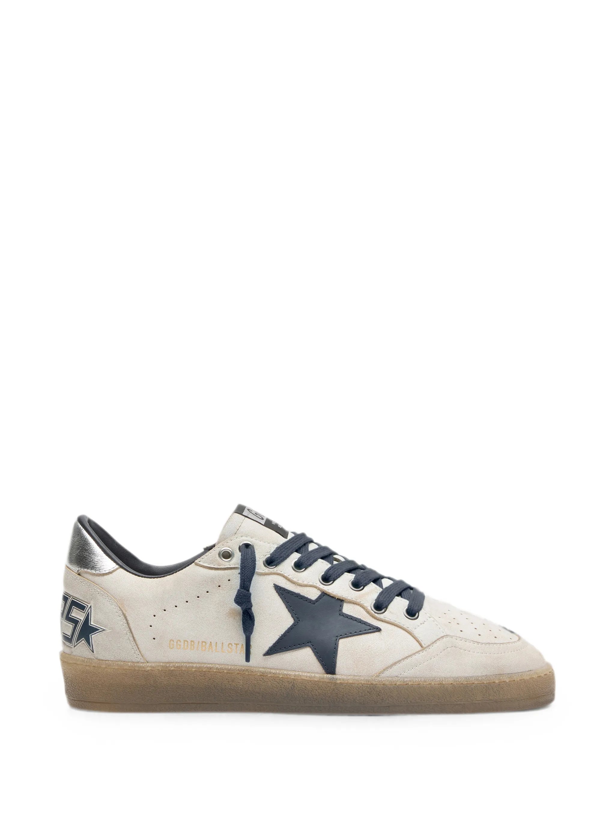Golden Goose Ball Star in White Leather with Dark Blue Leather Star and Silver Laminated Leather heels tab Sneakers
