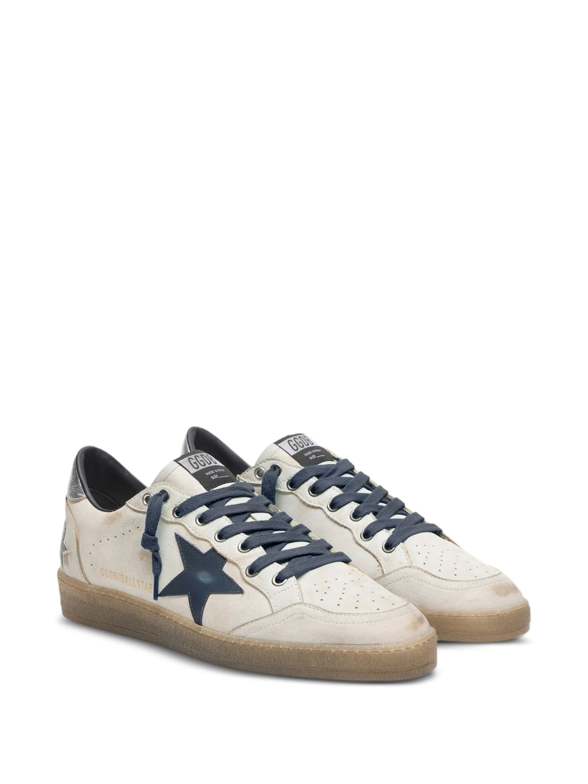 Golden Goose Ball Star in White Leather with Dark Blue Leather Star and Silver Laminated Leather heels tab Sneakers