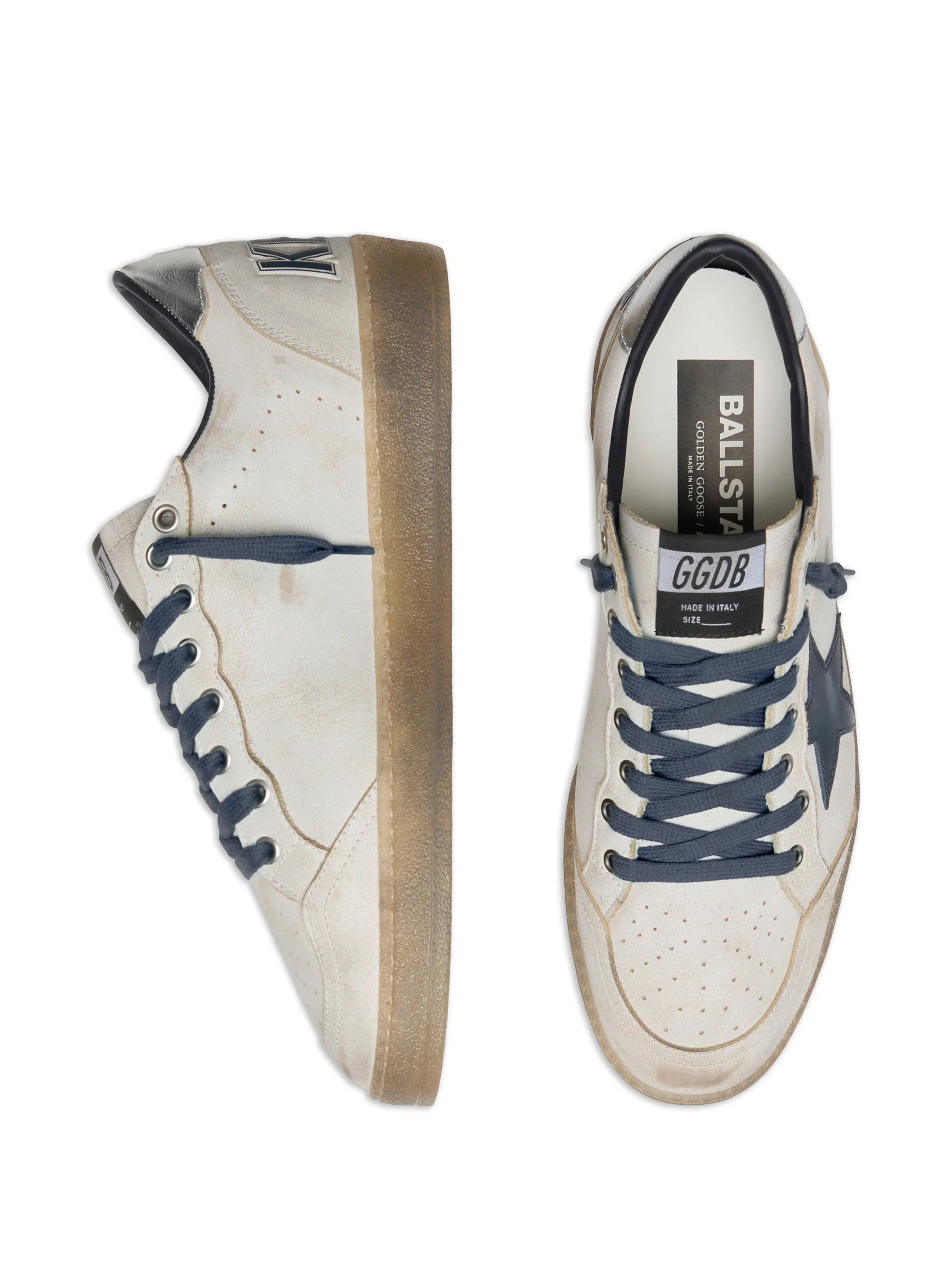 Golden Goose Ball Star in White Leather with Dark Blue Leather Star and Silver Laminated Leather heels tab Sneakers