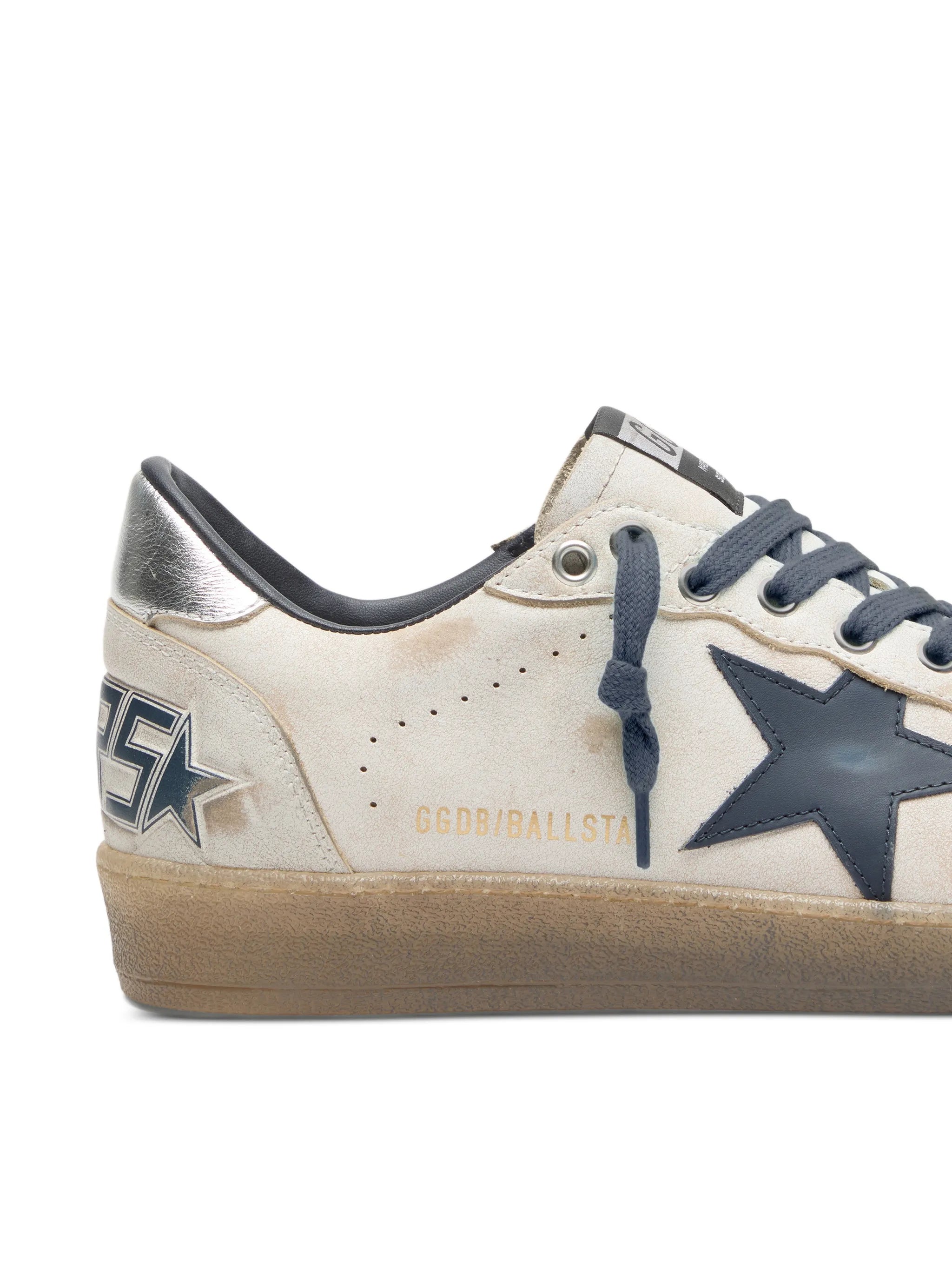 Golden Goose Ball Star in White Leather with Dark Blue Leather Star and Silver Laminated Leather heels tab Sneakers